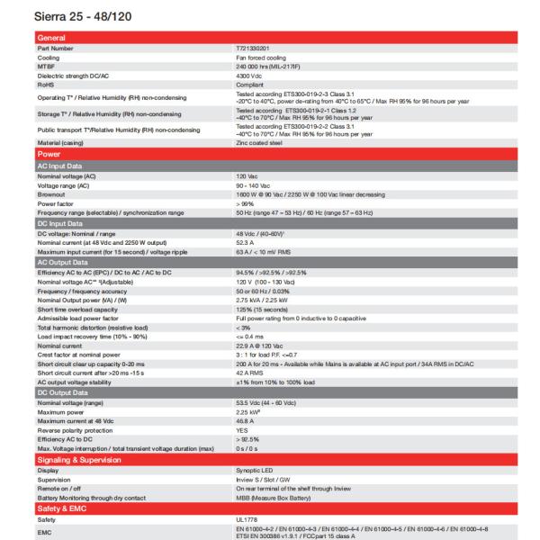 Sierra 25 - 48/120 120 В 48 Вольт Преобразователь 2.75 КВА 2.55 КВт P/N T721330201