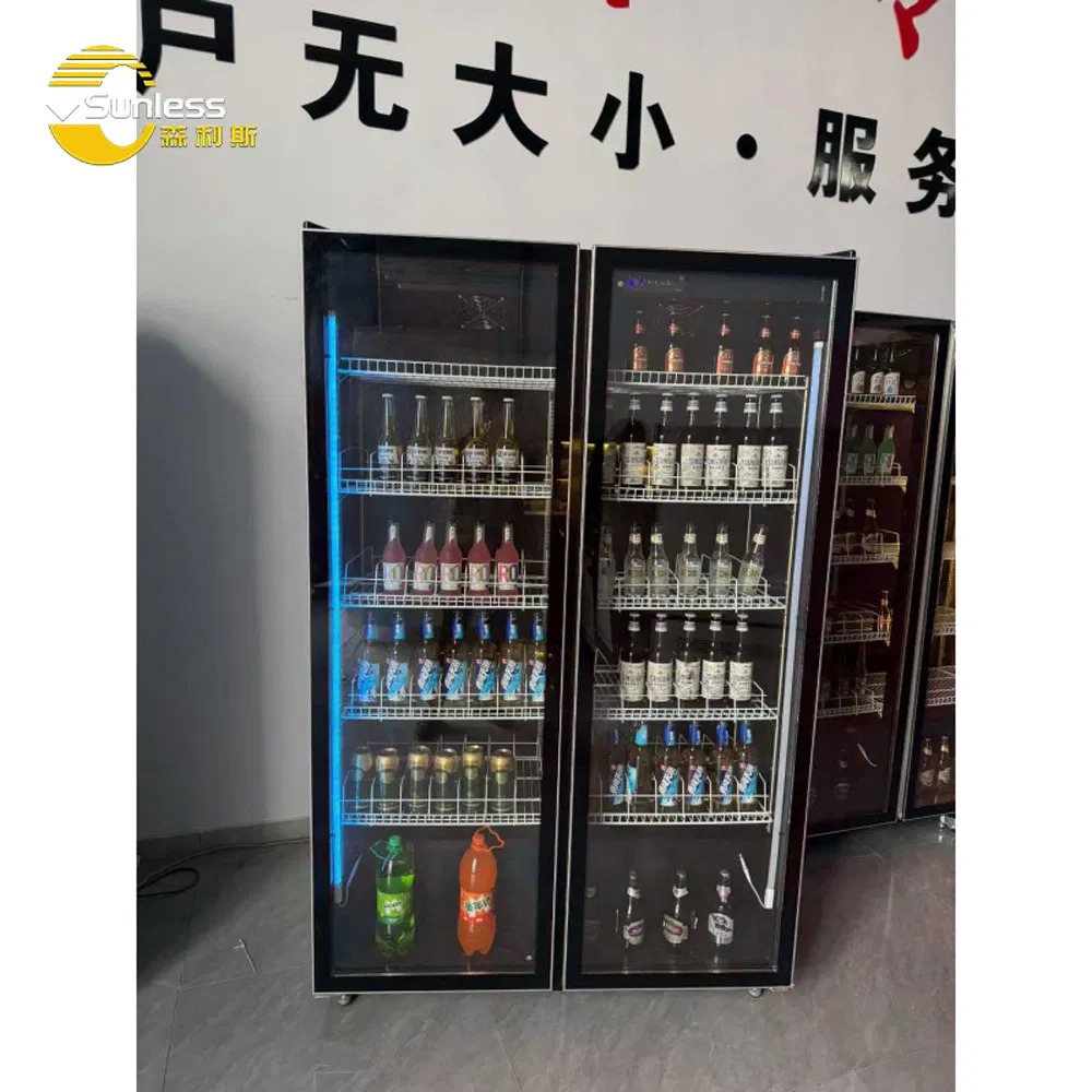 Commercial Double Door Refrigerator Beer Beverage Glass Upright Refrigerated Display Showcase