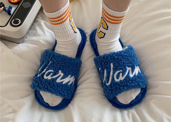 Blue PVC Fluffy Plush Warm Fur Slide Slipper Winter Iutdoor House
