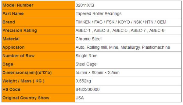 Metallurgical Bearing Timken 32011X/Q Tapered Roller Bearings for Mining Machinery