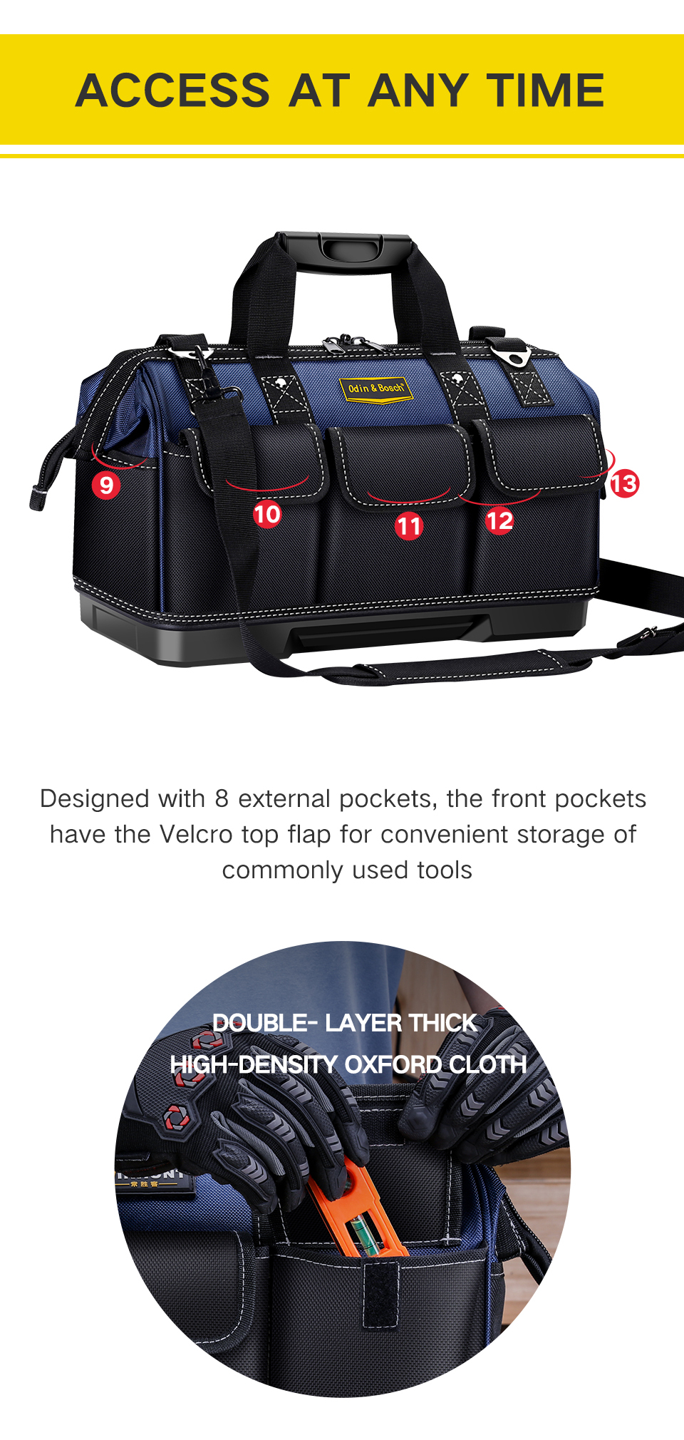 Heavy Duty Multi-Purpose Oxford Zipper Organize Storage Electrian Tool Bag Hanging Tool Bag Electrician With Hard Bottom