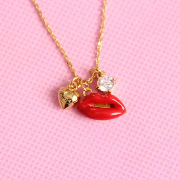 Fashion brand jewelry Juicy Couture necklace red lip pendant w/ diamond jewelry wholesale