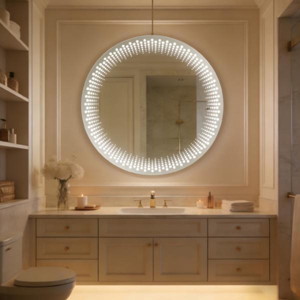 Kingstin Frameless Round LED Bathroom Mirror Smart Touch Control Dimmable Anti-Fog for Hotel Home Decor