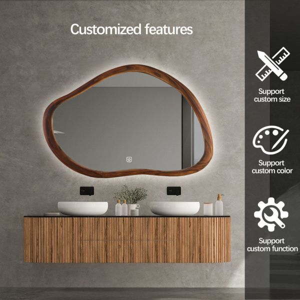 Walnut Wood Frame Irregular Bathroom Mirror 5mm With Edge Lighting Dimming