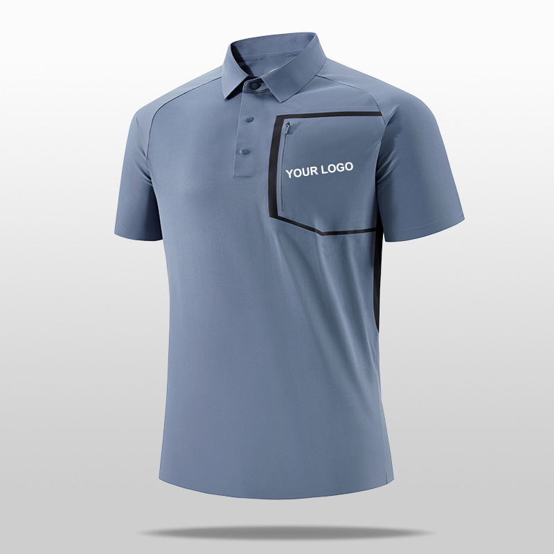Men's 100% Polyester Short Sleeve for Polo Shirt Stand-Up Collar Flap Pocket Quick-Drying High Quality Anti-Pilling Design Knitt