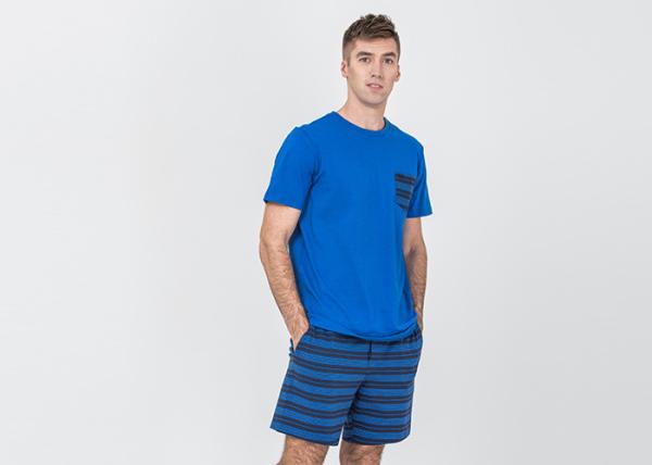 Mens Cotton Jersey Round Neck Tee and Yarn Dyed Striped Short Pants Pyjamas Set Functional Placket Side Pockets