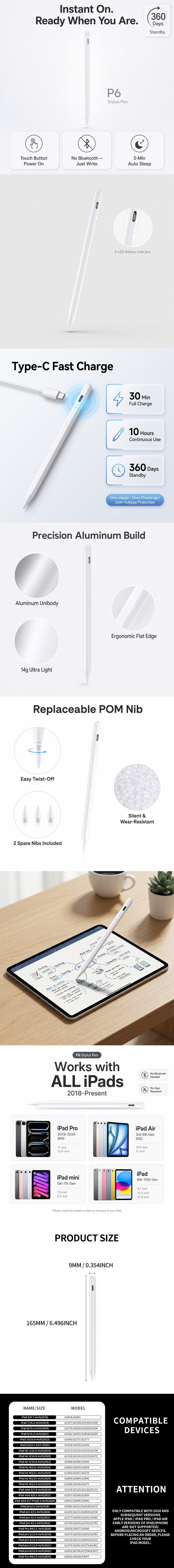 Stylus Pen for iPad 2018-2026 Active Pencil Tilt Sensitivity Palm Rejection Type-C Fast Charge Magnetic Attachment