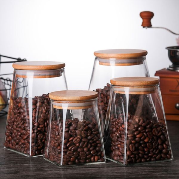 Fancy Hand Blown Trapezoid Borosilicate Glass Storage Jars With Bamboo Lids