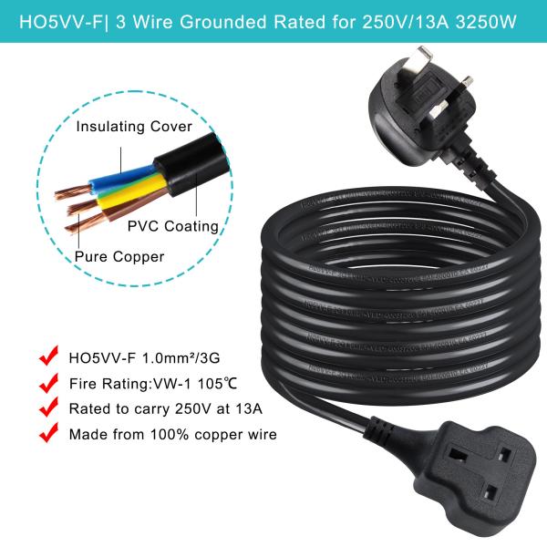Reino Unido Cabo de extensão de 3 pinos 1M 13A 250V AC