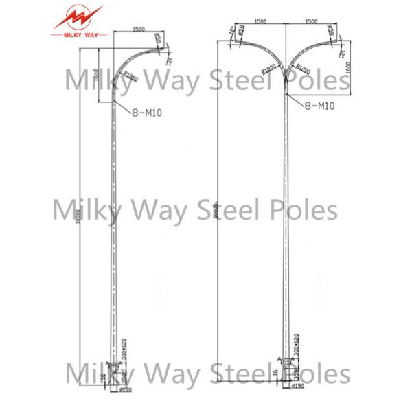 12 M 3.5mm Double Arm Street Light Poles , Steel Tubular Pole 15 Years Warrenty