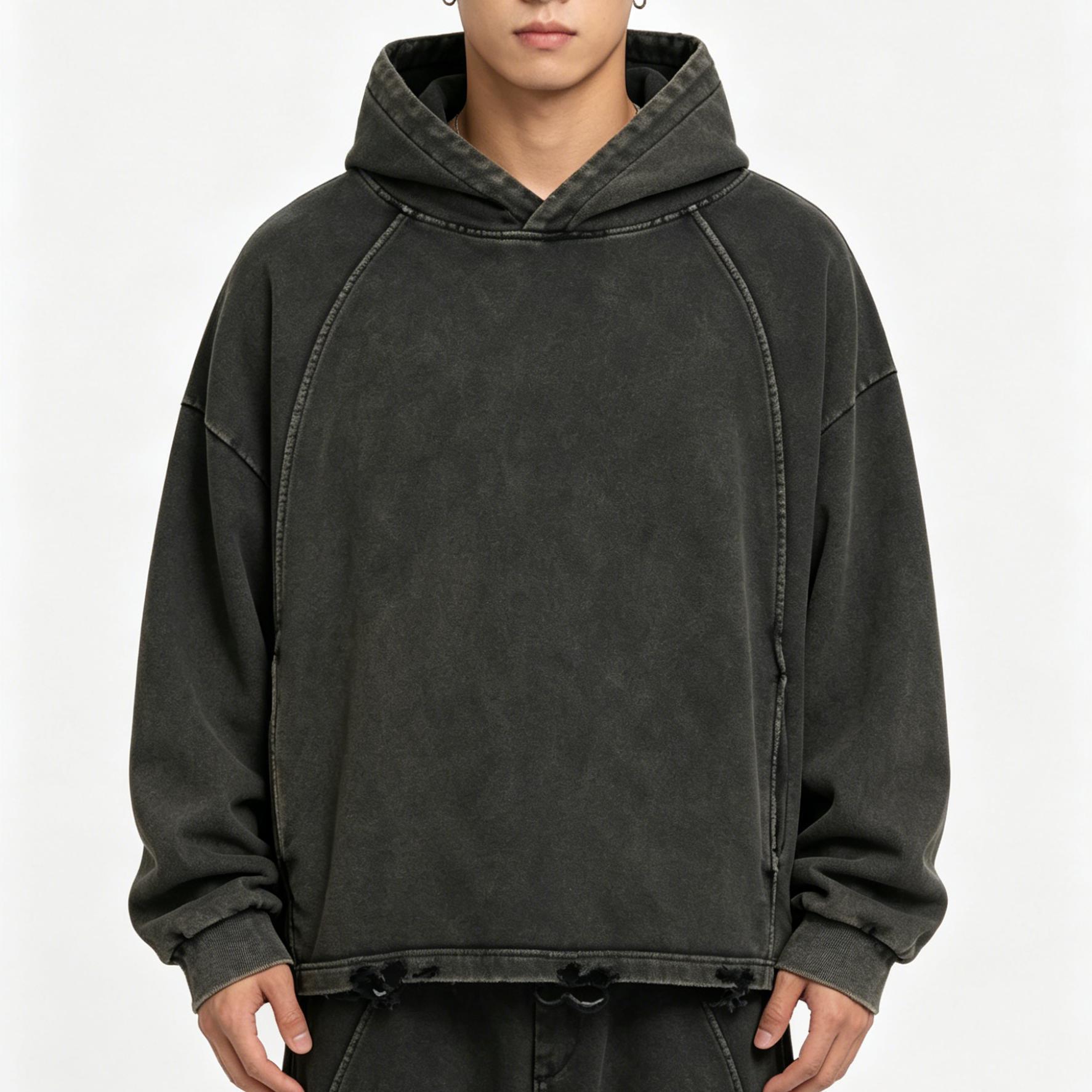 Men’s Wax-Dyed Cropped Hoodie 340G Oversized Streetwear Distressed Sweatshirt