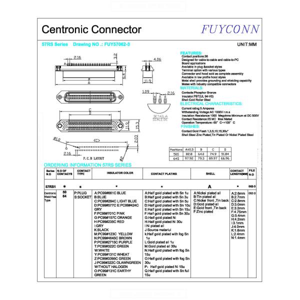 соединитель принтера параллельной гавани 36pin, соединитель PCB 50/64 Pin Solderless Centronics