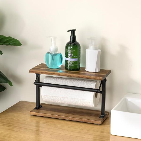 Upgrade Your Kitchen with This Solid Acacia Wood Paper Towel Holder and Top Display Shelf