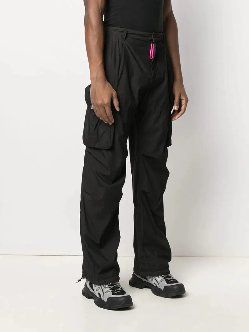Fashion Design Flared Pants Custom Logo Loose Cargo Trousers Drawstring Pockets Street Nylon Pants