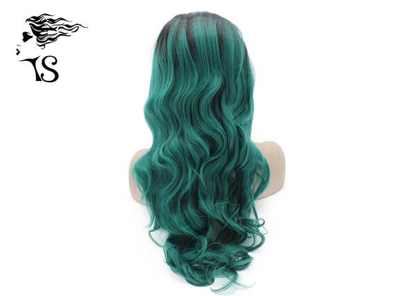 Wavy Curly Green Synthetic Lace Front Wigs With Dark Roots For Cross Dressing