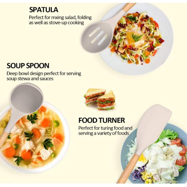 White Silicone Utensils With Wooden Handles Rustproof Scaldingproof
