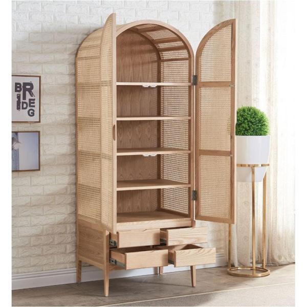 Wooden Wardrobe Closet Modern Rattan Clothes Storage Cabinet 2 Door Solid Wood 75*58*201cm