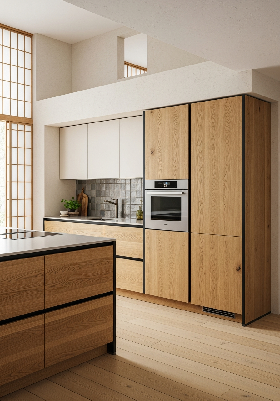Japandi Honey Oak Kitchen Cabinet in 304 Stainless Steel