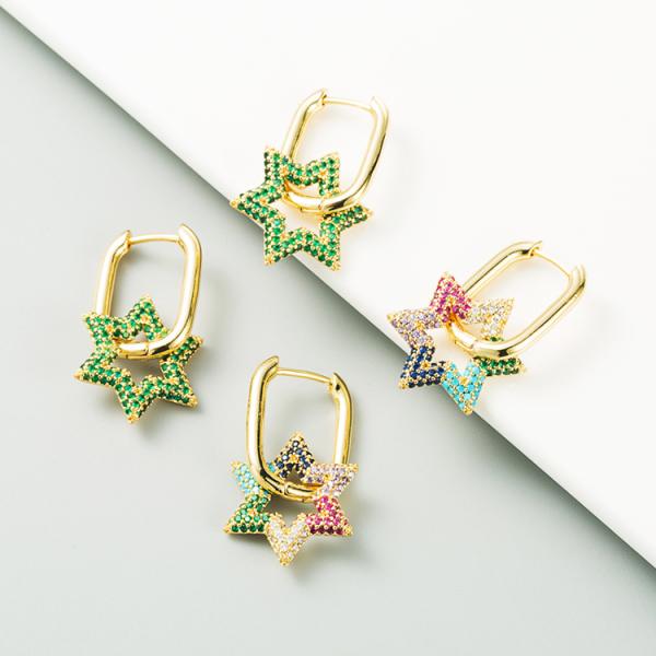 Colorful Diamond Star Pendant Hoop Charm Earrings 18k Gold Plated Zircon