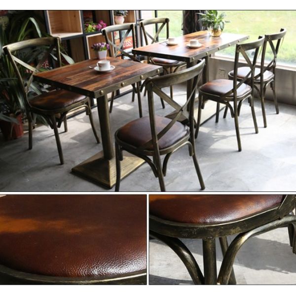 Customized Retro Industrial Fast Food  Furniture Wooden Cafe Restaurant Tables and Metal Leather Chairs