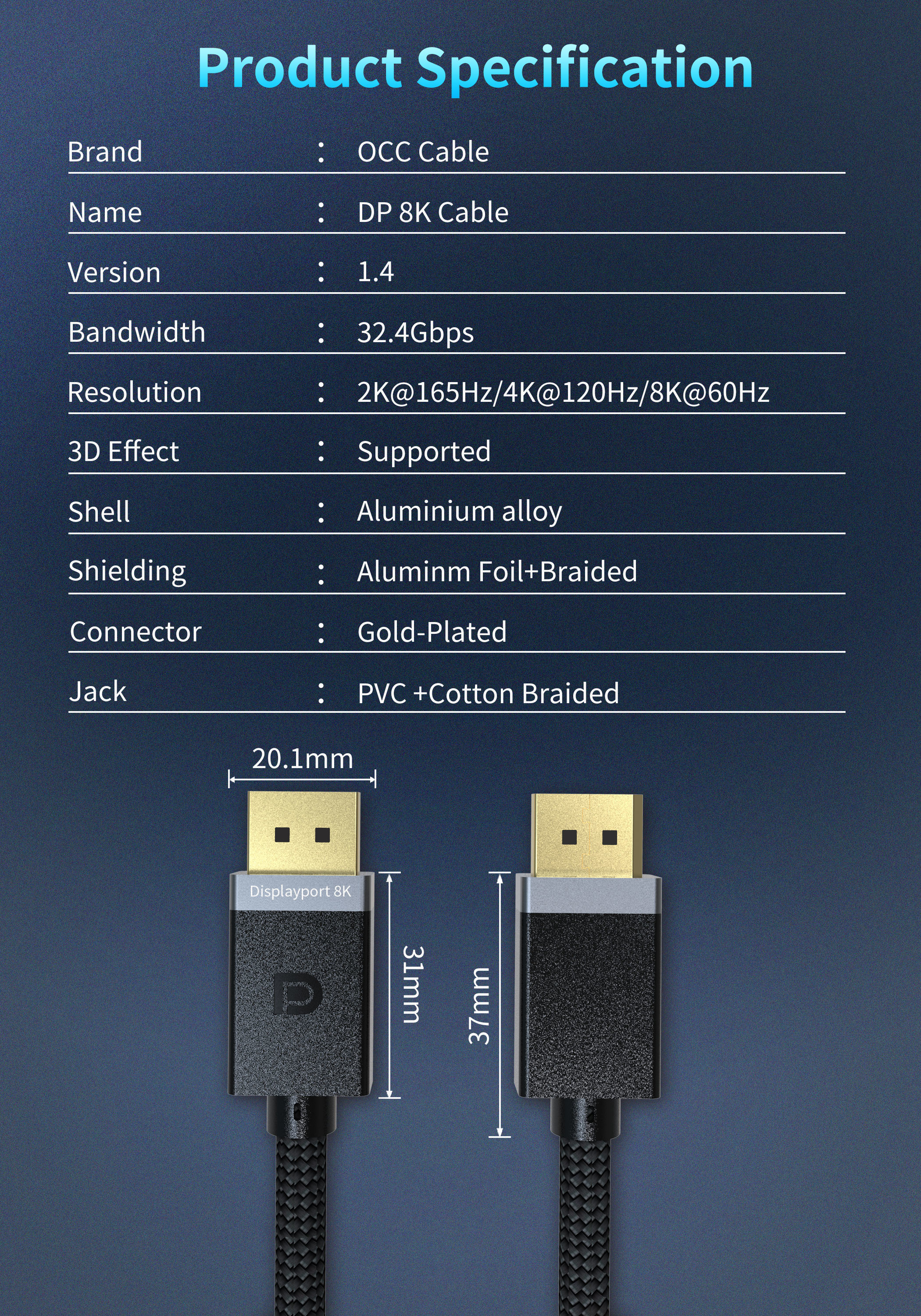 1,2 кабель покрытый золотом 8K Displayport DP1.4 VESA 144Hz аттестовал HBR3 DSC