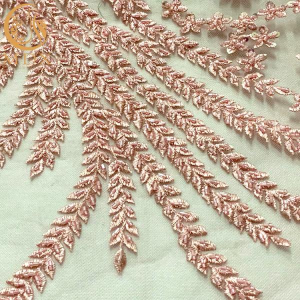 Modern Pink Beaded Embroidered Lace Fabric For Nigerian Wedding
