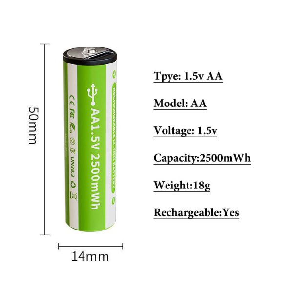 1.5V AA AAA Solid State Rechargeable 1500mAh 600mWh 1100mWh 2200mWh Type USB-C 10x43mm 1000 Cycles Battery
