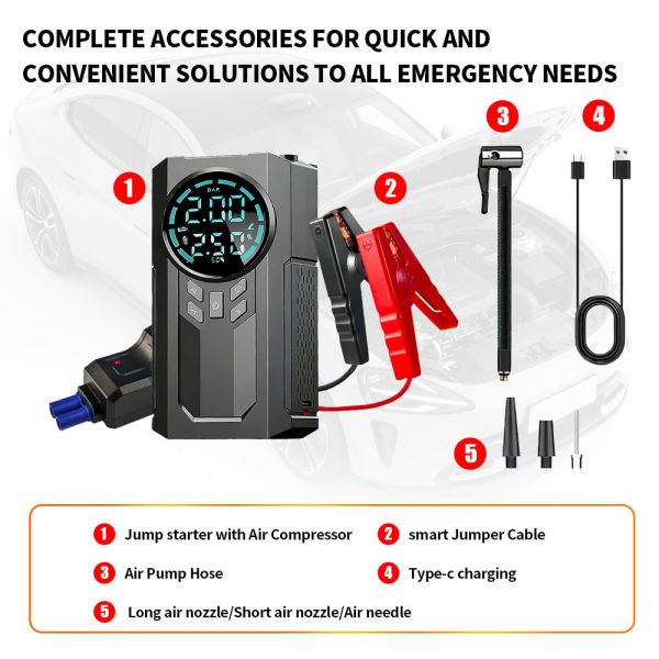 Emergency Jump Starter With Tyre Inflator 150 PSI Mini Portable Car Air Pump Compressor Tire Pump Starter Pack