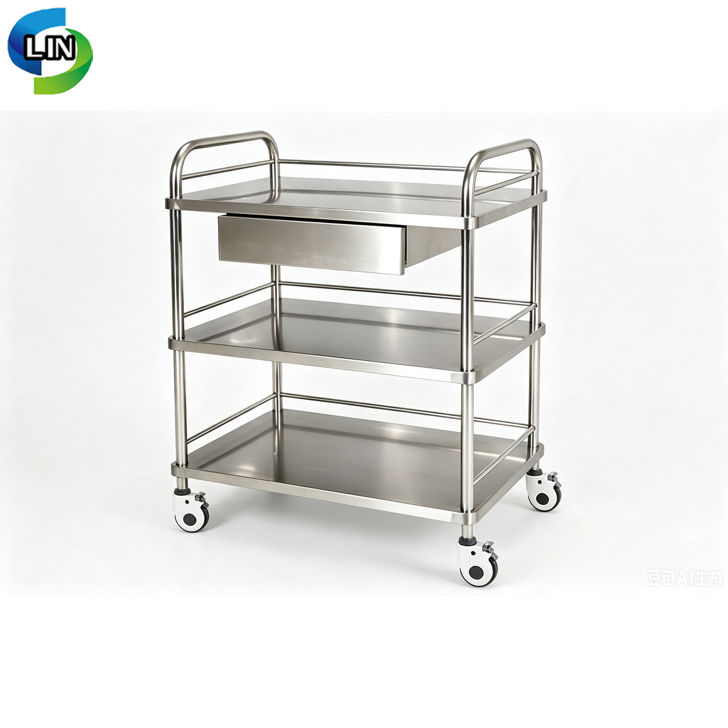 Stainless Steel Inner Frame Medical Treatment Cart with 3 Sides Guardrail and Independent Brake