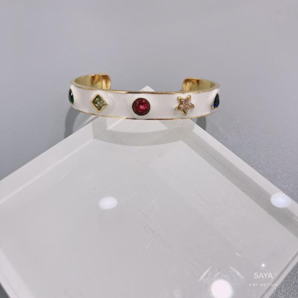 Stainless Steel Colorful Gemstone Bracelet White Wide Cuff Bangles For Wedding