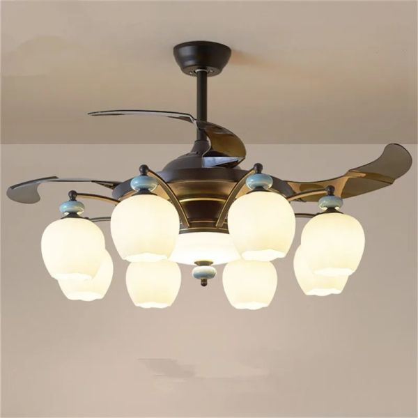 Luxury Ceiling Fan Light Remote LED Electric Fan Light with glass lampshade metal Stealth Fan Light (WH-VLL-28)