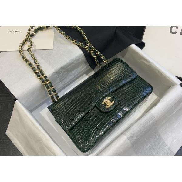 Classic Style Green Croc Crossbody Bag , 25.5cm Crocodile Skin Shoulder Bag