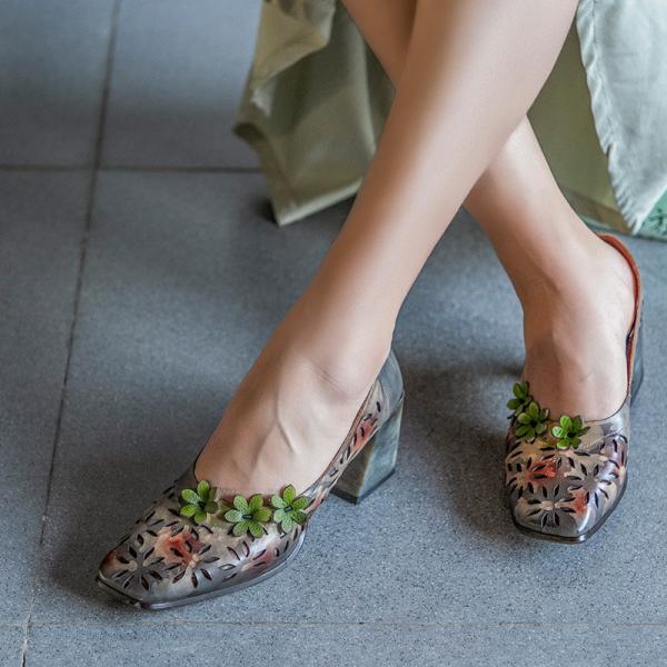 S298 Spring 2020 New Square Toe Leather High Heel Women'S Shoes Hollow Flower Ethnic Style Retro Spring Shoes Factory Wh