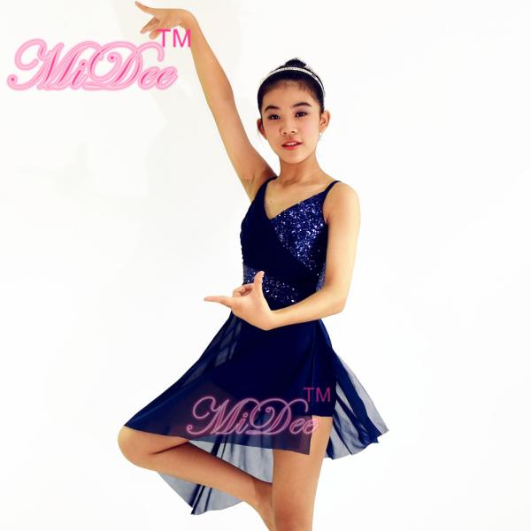 Navy Blue Lyrical Dance Competition Costumes Sequin V-Neck Knee Length High-Low Dress
