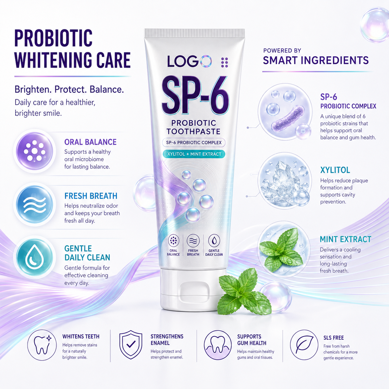 100% Natural Oral Cleaning Tooth Stains Removal Teeth Gum Care Brightening Probiotic Whitening Sp-6 Toothpaste
