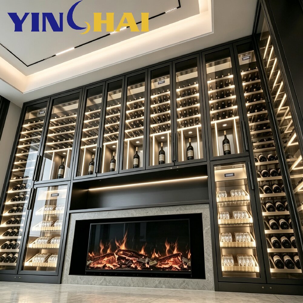 Black Stainless Steel Constant Temp Wine Cabinet Built-in LED With Fireplace Nook