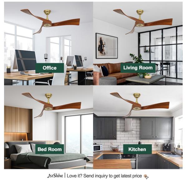 Ventilador de teto moderno de metal dourado com controle inteligente e temporizador Sim As lâminas de madeira incluídas