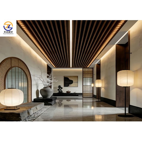 Premium Extruded Aluminum Square Tube Ceiling | Wood Grain Linear Baffle for Luxury New Chinese Style Corridors