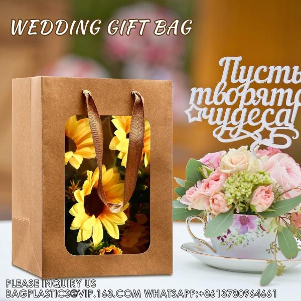 Kraft Paper Bags With Handles Transparent Flower Bouquet Bags For Present Bridal Shower Festivals Party