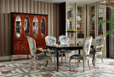 Luxury Furniture Dining room Long Tables in high glossy painting Ebony veneer with High density Upholstered Chairs