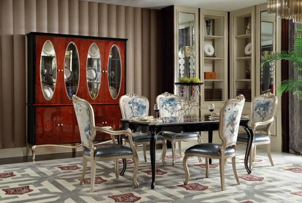 Luxury Furniture Dining room Long Tables in high glossy painting Ebony veneer with High density Upholstered Chairs