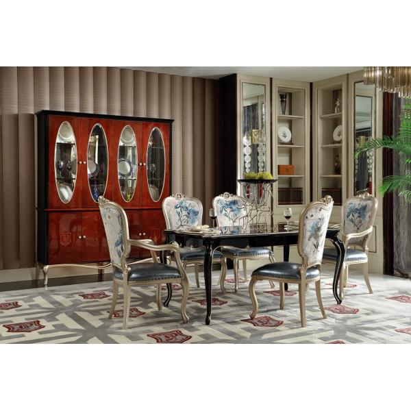 New classic Luxury Furniture Round Dining Tables and Wine Cabinet in glossy painting with Leather Upholstered Chairs