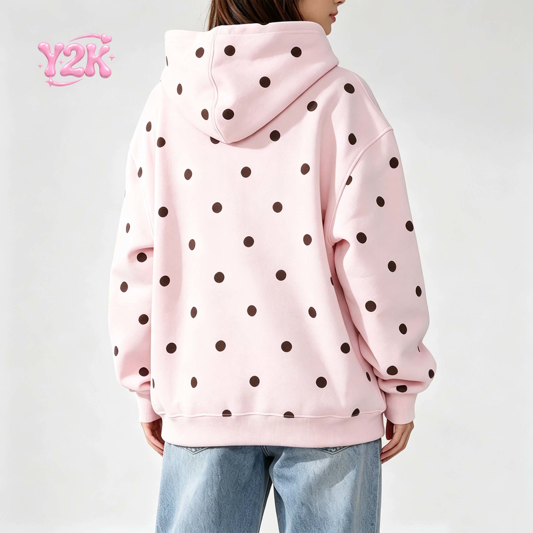 Custom Women's Pink Polka Dot Oversized Fleece Hoodie Sweatshirt