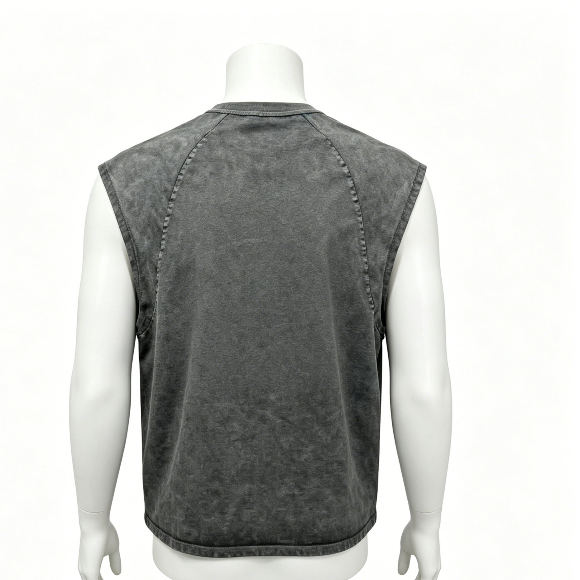 Crew Neck Mens Sleeveless Tank Top Dark Green / Silver Grey 100% Cotton Vest Vintage Washed