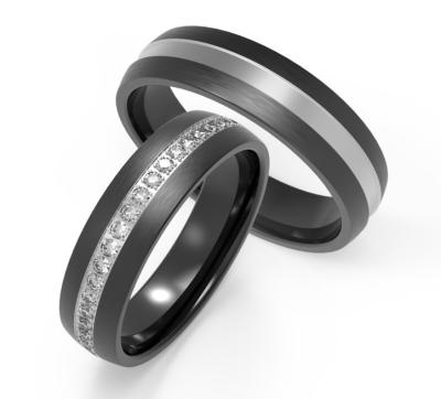 Une simple et généreuse bague en titane noir avec une bague en zircon incrustée en argent