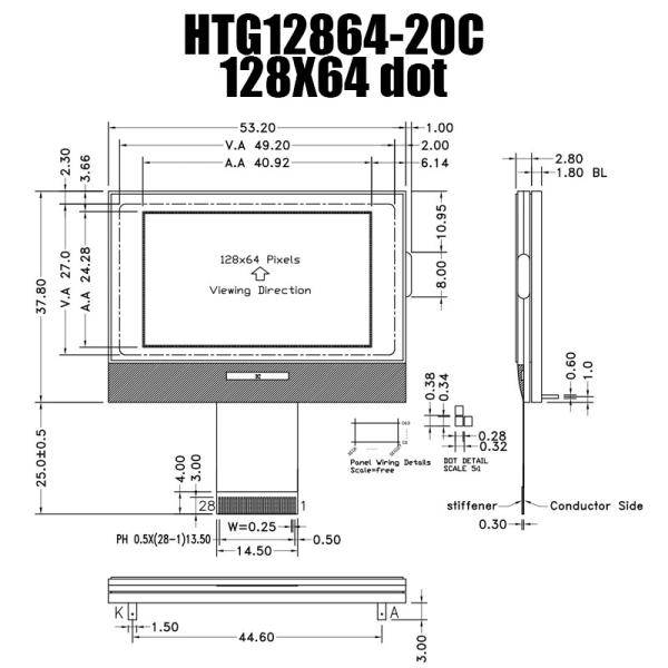 128X64 Graphical COG LCD Module ST7567 With White Side Backlight HTG12864-20C