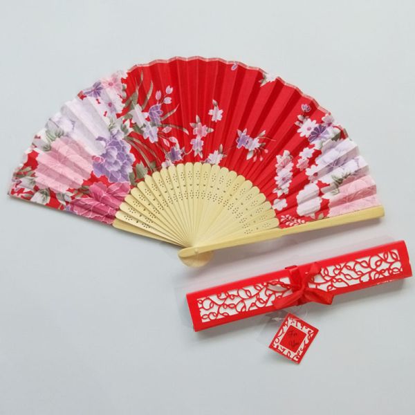 Abanico De Madera De Mano Red Floral Fabric Customized Hand Fans Wedding Favors Foldable Hand Fans