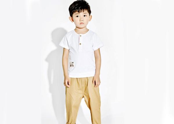 Toddler Boy Summer Clothes , White And Khaki Boys Shirt And Pant Woven Cotton Fabric