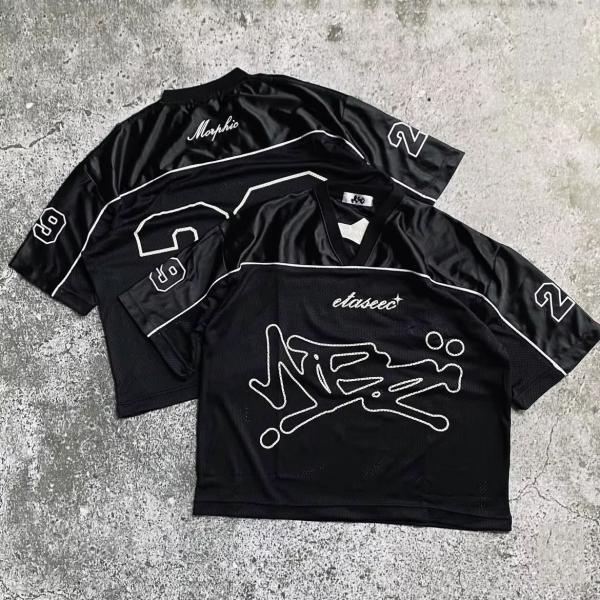 Impresión a medida Poliéster de gran tamaño Vintage Boxy Retro Fútbol Camiseta de fútbol V Cuello de malla camisetas masculinas Streetwear verano