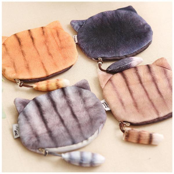 Customized Color Plush Make-up Bag with 3D Cat Coin Purse and Animal Print Tail Zipper